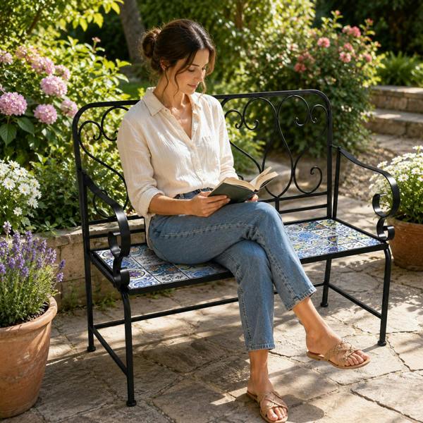 Lisbon Mosaic 2 Seater Garden Bench, 112cm Outdoor Patio Seat with Ceramic Tile Seat, Scrollwork Backrest & Metal Frame image 5