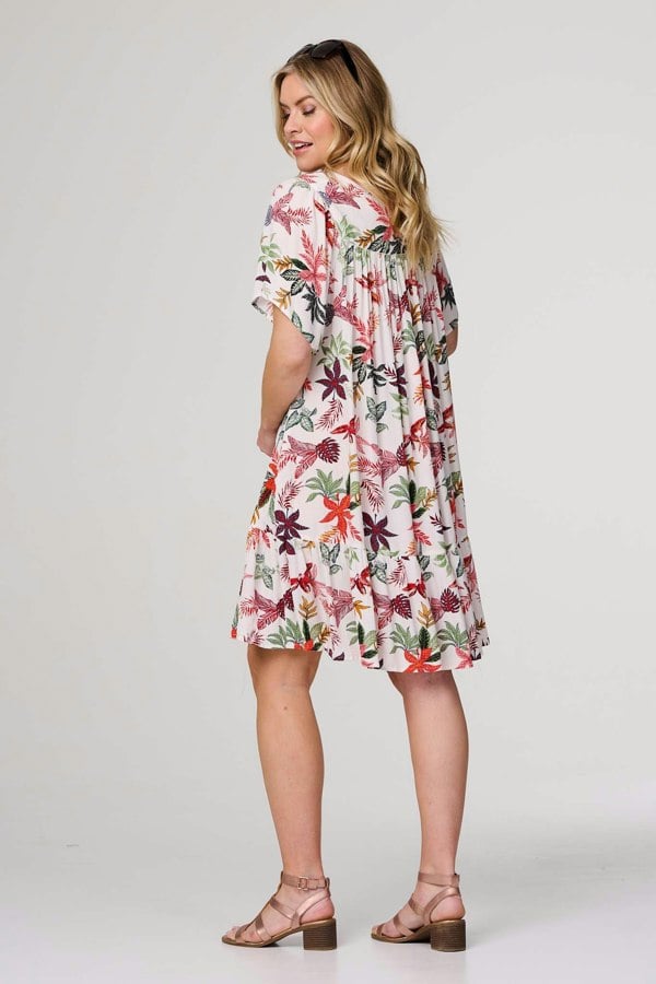 White | Tropical Print Tie Neck Knee Length Dress

