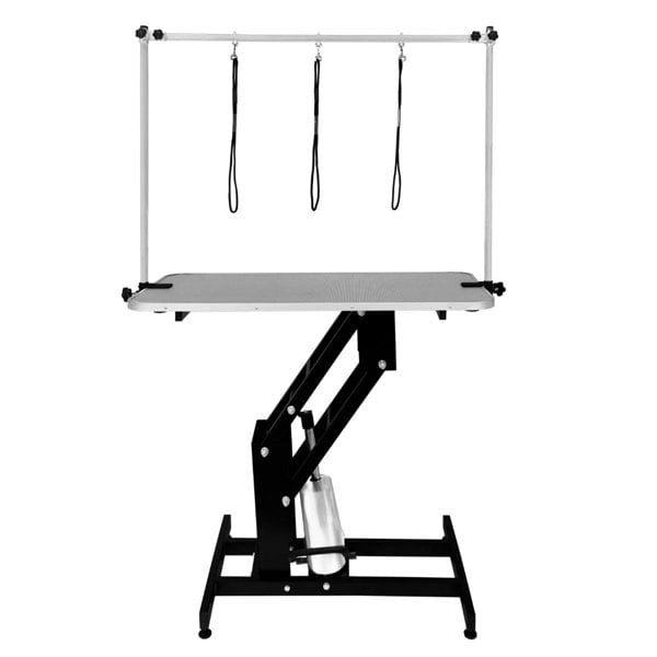 Black hydraulic grooming table with a grey top, adjustable height, and three safety straps for secure pet grooming sessions