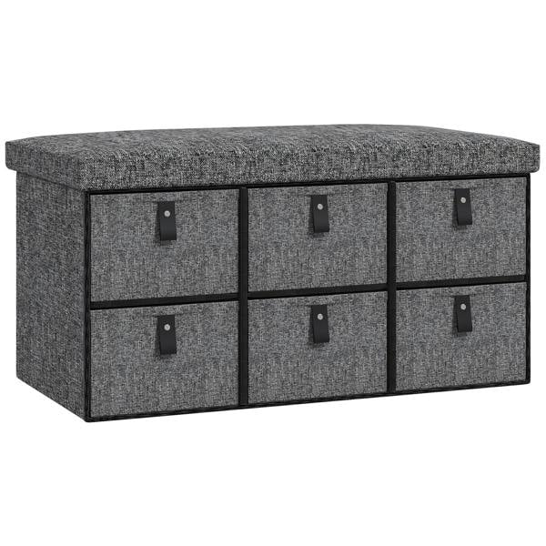 Dark grey fabric six-drawer shoe storage bench with padded top seat
