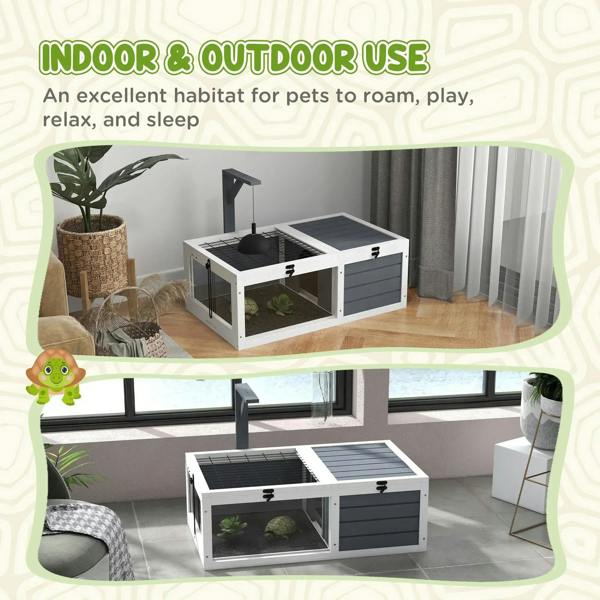 Grey and white wooden tortoise table with lamp stand and clear acrylic viewing windows