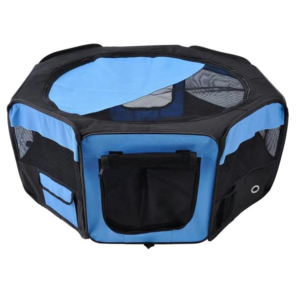 Blue fabric pet playpen with black mesh sides and zippered front door
