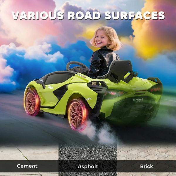 Green ride-on electric toy car with black seats and smoke effect, side view