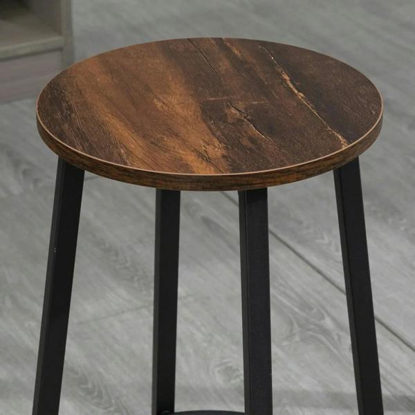 Round rustic brown wooden bar stool seat with black steel legs and circular footrest