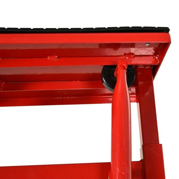 Red steel lift frame with curved handle support and top rail