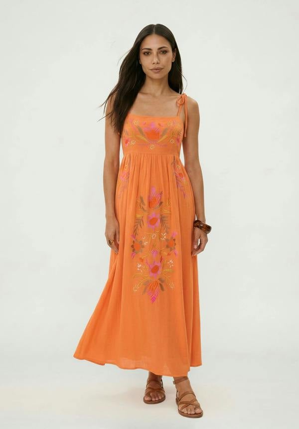 Raffya Furla Smocked Panel Embroidered Midi Dress In Coral