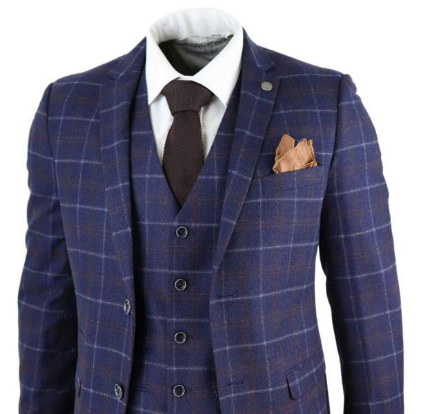 Paul Andrew Mens 3 Piece Navy Blue Wool Check Retro Suit
