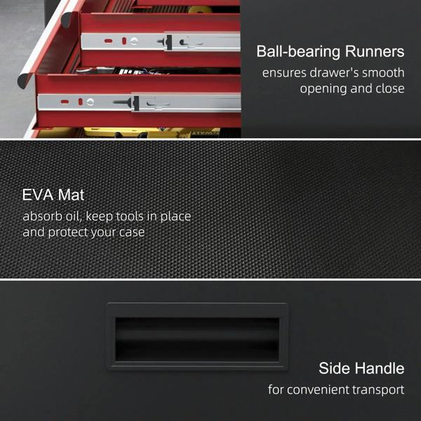 Close-up of drawer runners and textured interior mat with side handle on tool chest