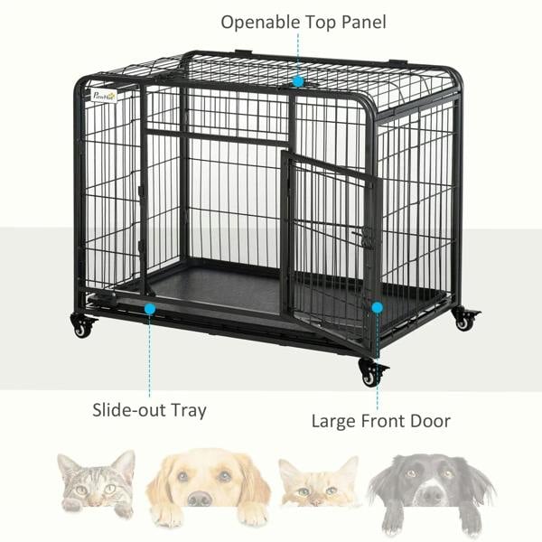 Dark grey metal dog kennel with openable top, slide-out tray, and front door