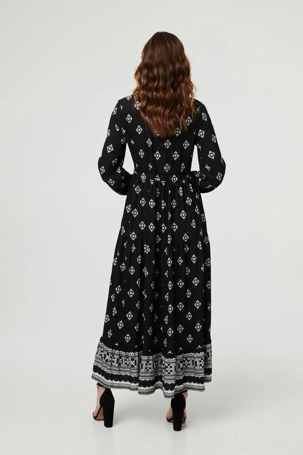 Black | Printed Long Sleeve Smocked Maxi Dress
