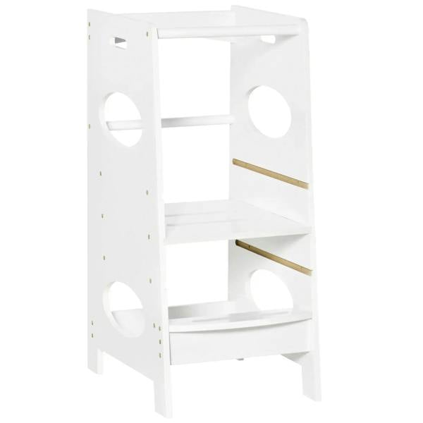 White toddler step stool tower with safety rail and two open side platforms