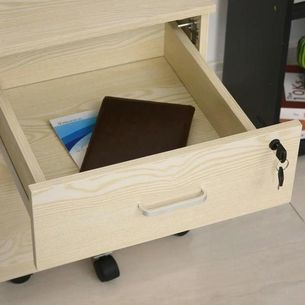 Oak filing cabinet drawer open with metal handle and key lock