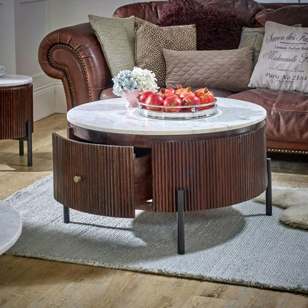 IH Design Miel Mango Wood Round Fluted Coffee Table With Marble Top and Metal Legs