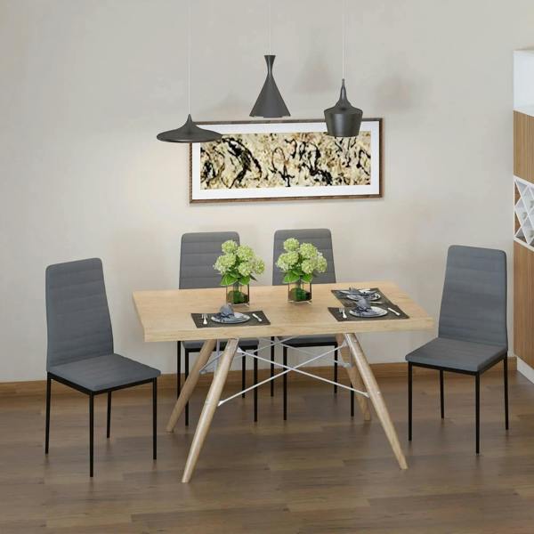 Set of four grey dining chairs with tall backs, linen-touch upholstery, and metal legs
