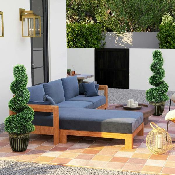 Set of 2 artificial green spiral topiary trees in black ribbed pots for indoor/outdoor use