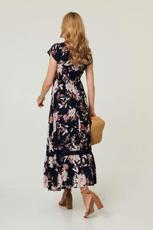 Navy | Floral Cap Sleeve Shirred Maxi Dress