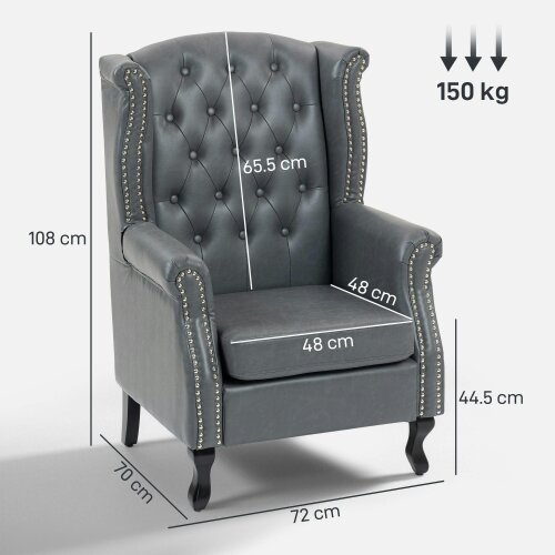 Wyld Haus Radima Grey Faux Leather Chesterfield Wingback Accent Armchair With Nail Head Trim