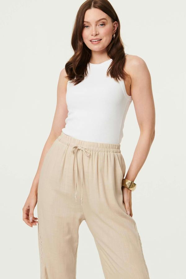 Linen | Lace Trim Drawstring High Waist Trousers