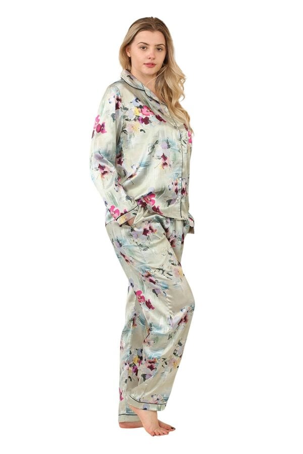 Luxury Satin Watercolour Floral Pyjama Set – Long Sleeve, Button-Up & Pockets