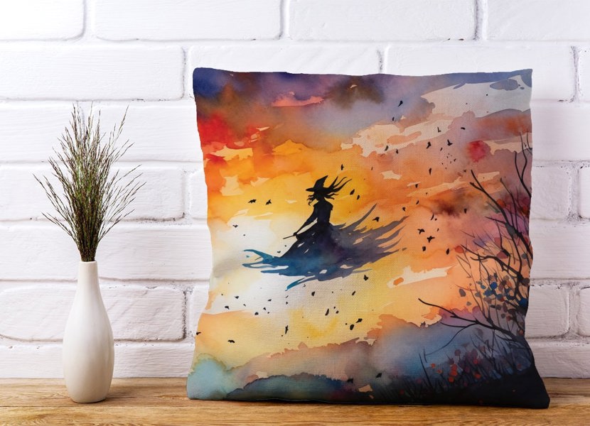 Warren Reed A Watercolor Featuring A Graceful Witch Witch Cushions