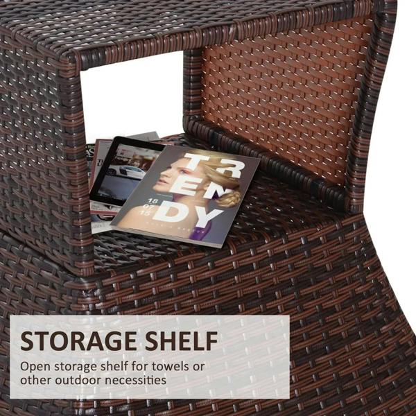 Brown wicker coffee table with open storage shelf for towels or outdoor items