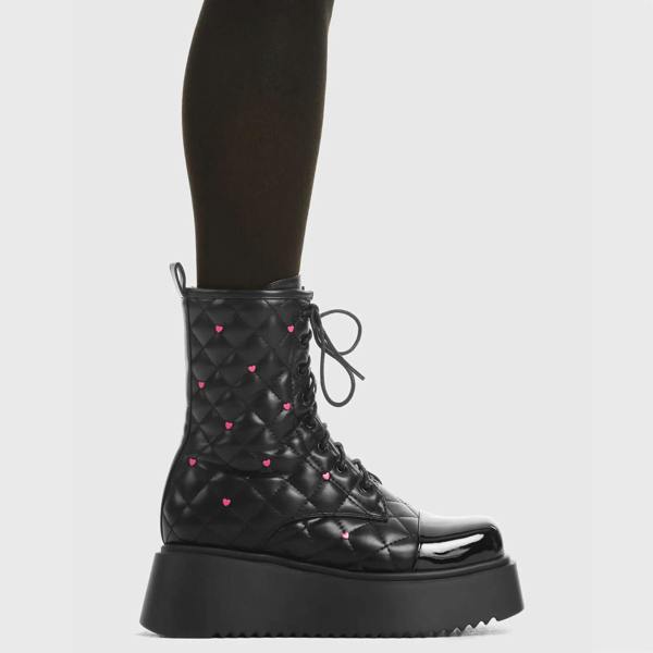 Lamoda Reason Why Black PU Pink Heart Platform Creeper Boots Trendy Style