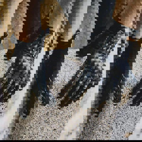 Scruffs Trade Shock Impact Mens Work Padded Palm Gloves, black safety gloves with impact-absorbing padding on the palms and reinforced fingertips.