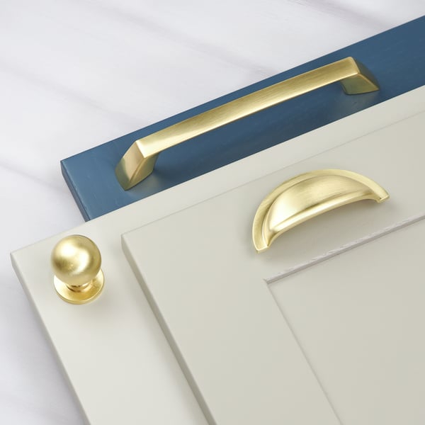 Handle & Home Brushed Brass Coordinating Tapered Handle, Cup Handle, and Coordinating Knob