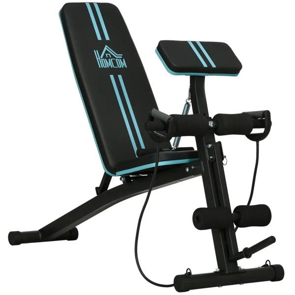 Adjustable foldable weight bench with blue cushioned incline pad and roller feet