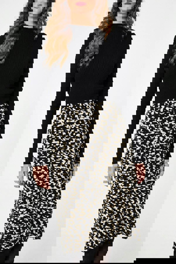 Black | Animal Print Contrast Knit Midi Dress
