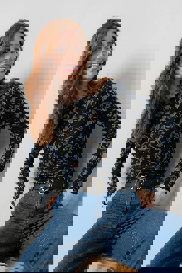 Angela Long Sleeve Printed Knit Top Navy | Lily and Me Clothing