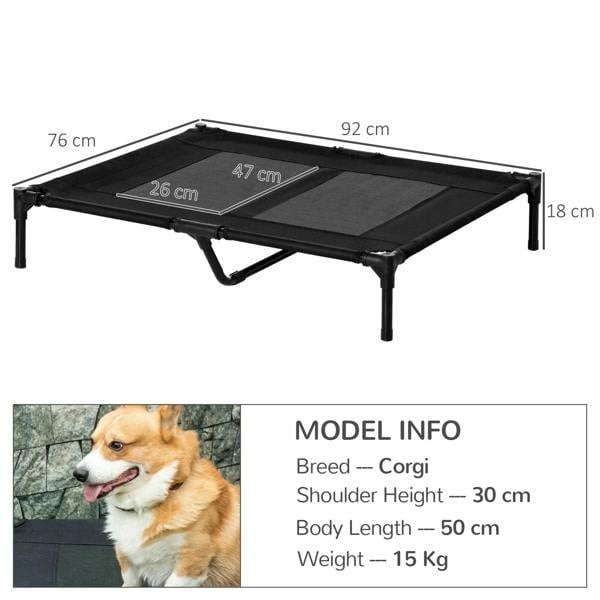 Black elevated pet cot bed with mesh fabric and metal legs, shown with dimensions