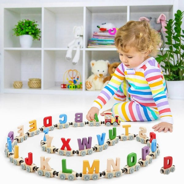 deAO Toys Wooden Alphabet Train Set – 27PCS Magnetic Train Cars A–Z, Montessori Educational Toy for Toddlers 3+, Early Learning & STEM Gift