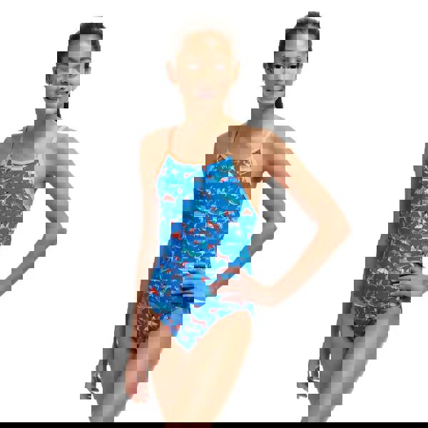 Funkita girls fin swimming diamond back swimsuit in blue with orange straps and dino print