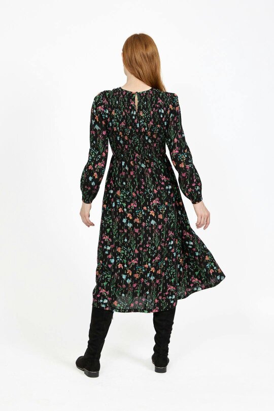 Mudflower Floral Print Lurex Full Sleeve Midi Dress