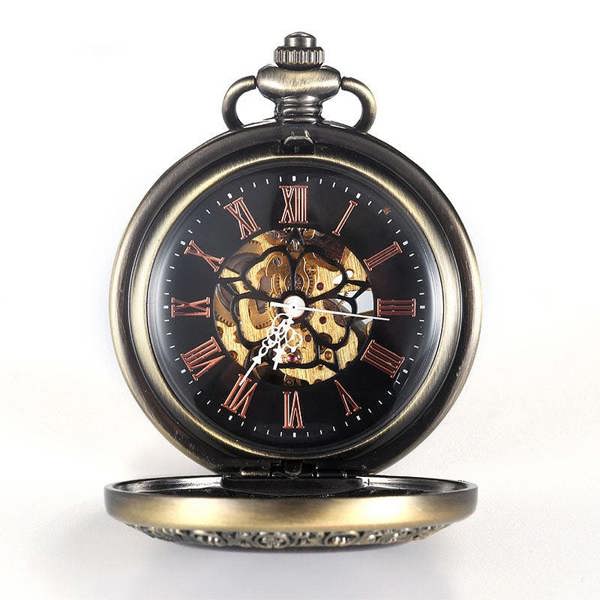 Infinity Leather Vintage Bronze Wooden Skeleton Half Hunter Alloy Pocket Watch