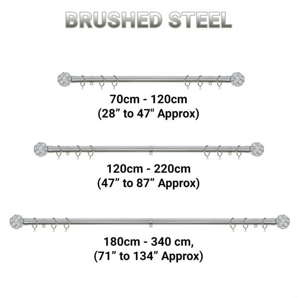 A.Unique Home Beaded Gem Extendable Curtain Pole (25/28mm) (Brushed Steel,70cm - 120cm)
