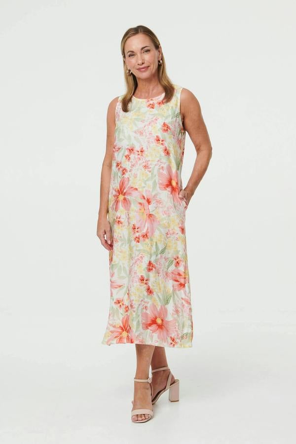 White | Floral Sleeveless Midi Shift Dress