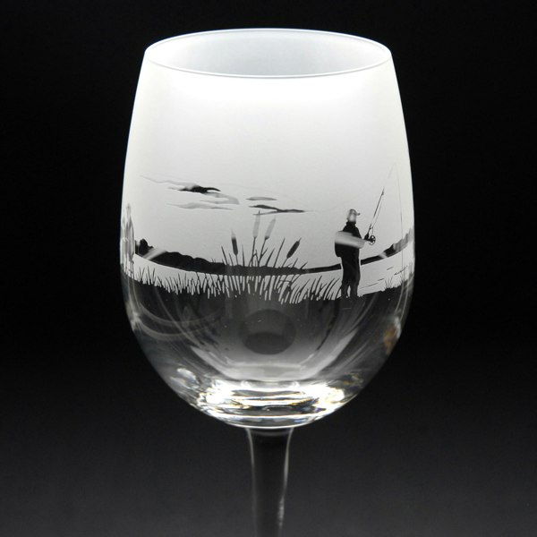 Glyptic Glass Art Fishing Crystal Wine Glass - Hand Etched/Engraved Gift