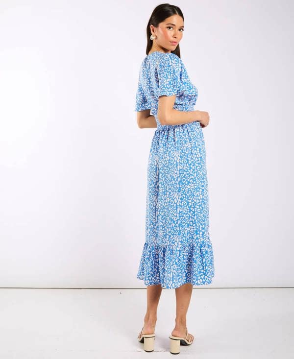 Blue Animal Smock Waisted Midi Dress Side