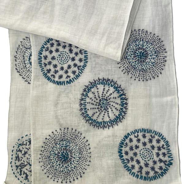 Hayley & Co Hand Embroidered 100% Linen Scarf in Light Grey and Blue