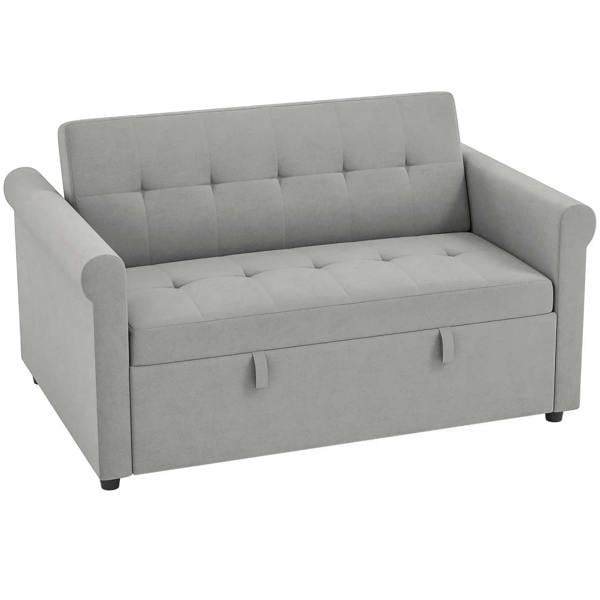 Grey velvet-look two-seater sofa bed with tufted back and seat, padded arms and legs