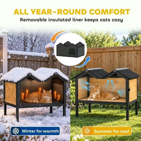 Wooden Cat House Outdoor Indoor with Weatherproof Asphalt Roof, Side Cleaning Door, PVC Curtain