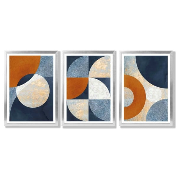 Artze Wall Art Abstract GEOMETRIC Set of 3 Navy Blue Orange and Gold Framed Art Prints