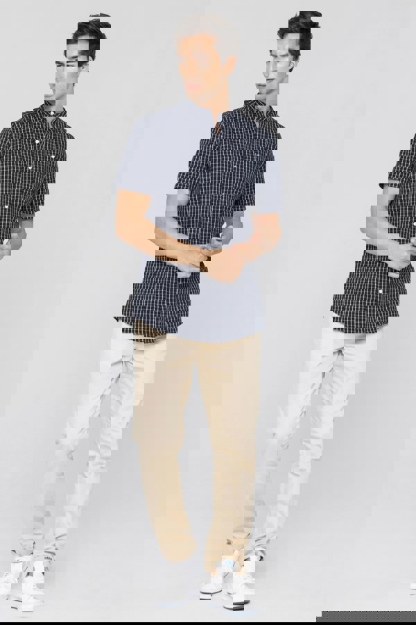 ENORSIA Black Check Grandad Collar Short Sleeve Shirt