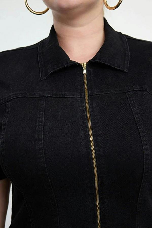 WOVCOR Front Zipper Medium Stretch Denim Plus Size Dress