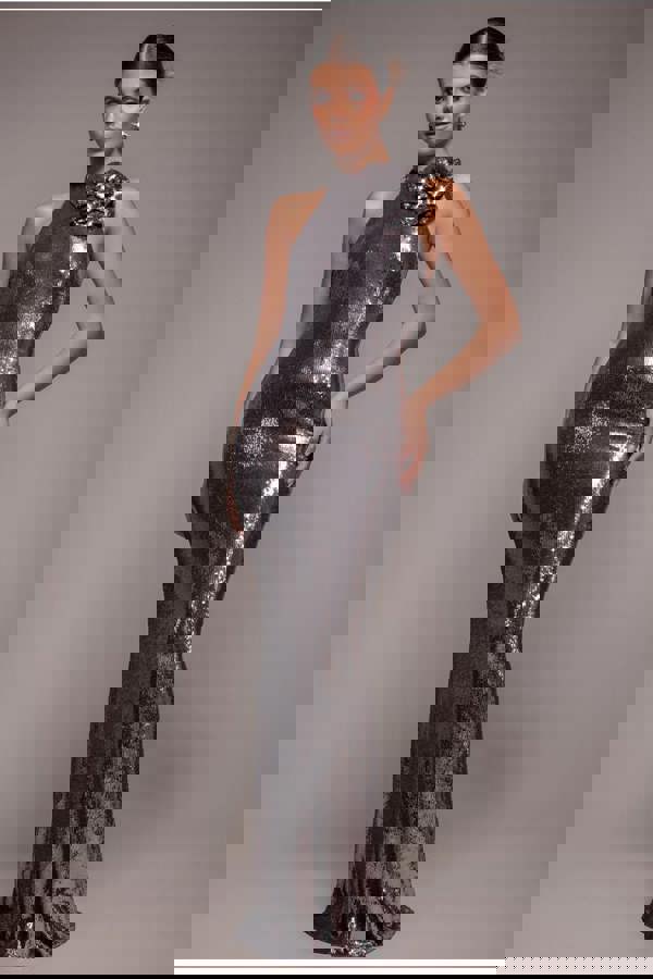 Liquid Sequin Halterneck Maxi With Corsage - Silver DR4104