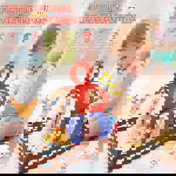 deAO Toys Plush Barn with Stuffed Farm Animals, Rattle,Crinkle Paper & Baby Mirror