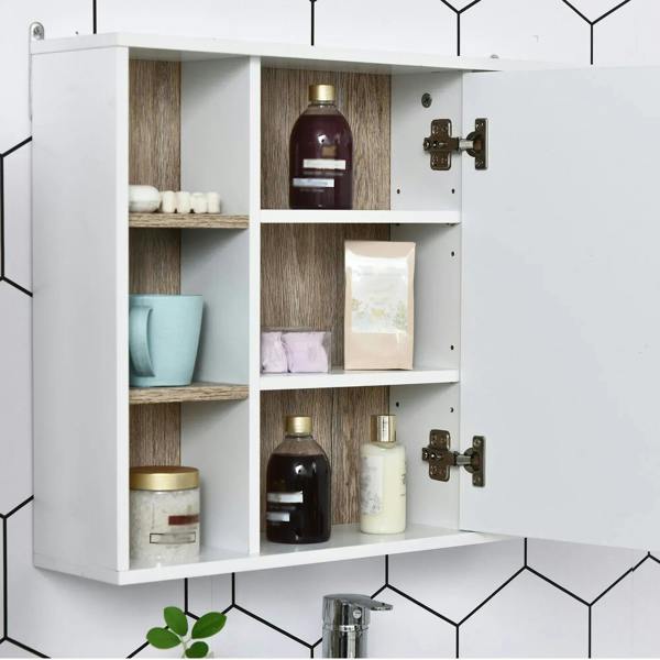 Open white bathroom mirror cabinet with stocked shelves and visible hinge hardware on side doors