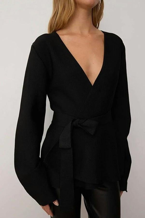 WOVCOR Double-Breasted Knit Cardigan with Tie Detail